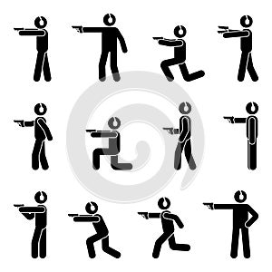 Stick Figure shooter man with gun vector icon illustration set. Stickman making shot, training shooting with handgun, weapon