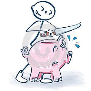 Stick figure slaughters a pink piggy bank with a knife