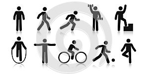 Stick figure sports. Posture stickman. People sport icons set. Man in different poses and positions, doing exercises. Black