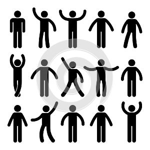 Stick figure standing position. Posing person icon posture symbol sign pictogram on white. photo