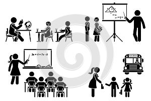 Stick figure teacher, school boy, girl, study, learning vector icon. Lecturer teaching children primary, elementary education