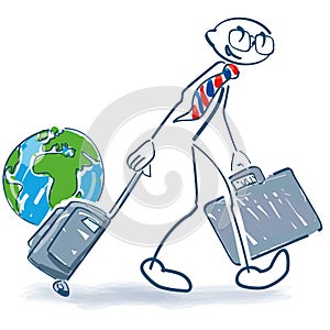 Stick figure with a trolley traveling around the world