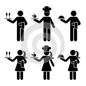 Stick figure waiter, waitress, chief cook man and woman vector icon pictogram set. Standing with champagne glasses, chicken food photo