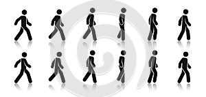 Stick figure walk. Walking animation. Posture stickman. People icons set. Man in different poses and positions. Black silhouette.