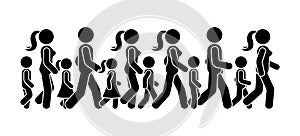 Stick figure walking group of people vector icon set. Man, woman and children moving forward sequence pictogram.