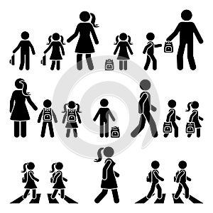 Stick figure walking kids with parents and backpack vector icon pictogram. Boy and girl on crosswalk going to school silhouette