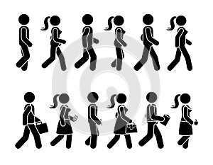 Stick figure walking man and woman vector icon set. Group of people moving forward sequence pictogram.