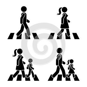 Stick figure walking pedestrian vector icon pictogram. Man, woman and children crossing road set. photo