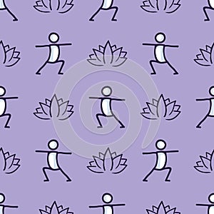 Stick figure warrior yoga pose with lotus flower seamless vector pattern. Hand drawn peace zen and wellness background. Physical