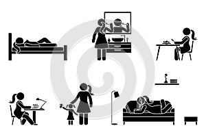 Stick figure woman activities vector icon. Sleep, brush teeth, eat, sit, work, study, play with kid, lay on sofa, listen to music