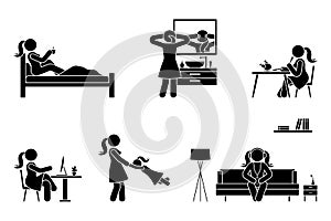 Stick figure woman activities vector. Sleep, drink coffee, wash face, eat, sit at desk, work, study, play, listen music on couch