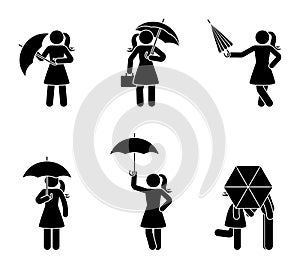 Stick figure woman and couple with umbrella icon set. Female under the rain in different positions.