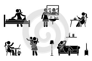 Stick figure woman everyday activities vector icon. Making bed, drying hair, eating, working, playing, resting, relaxing on sofa photo