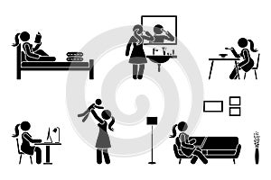 Stick figure woman everyday activities vector. Read book, do makeup, eat, sit at desk, work, study, play with child, use laptop