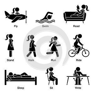 Stick figure woman flying, swimming, reading, standing, walking, going, running, riding, sleeping, sitting, writing vector set