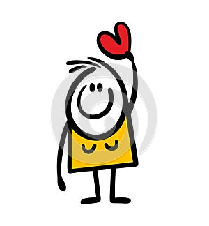 Stick figure woman hold red heart in rising up hand and smiling.