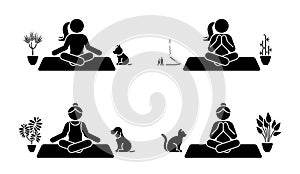 Stick figure woman meditates on yoga mat vector icon set. Stickman female in lotus pose sitting, relaxing at home pictogram