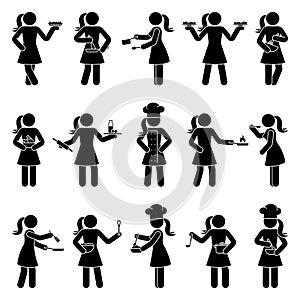 Stick figure woman, person with kitchen utensils vector set. Female cooking, baking, frying, mixing icon sign pictogram