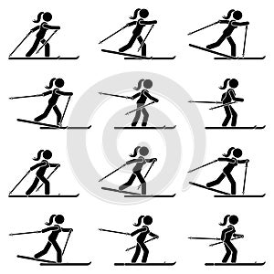 Stick figure woman skiing sequence poses icon vector pictogram set. Winter sport girl stickman on ski posture silhouette