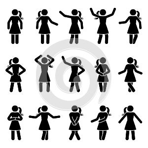 Stick figure woman standing front view different poses vector icon pictogram set. Black and white cut out people human silhouette