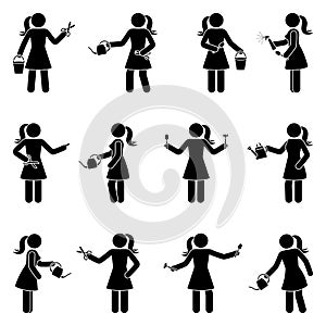 Stick figure woman standing with garden tools vector set. Stickman person holding planting equipment icon pictogram
