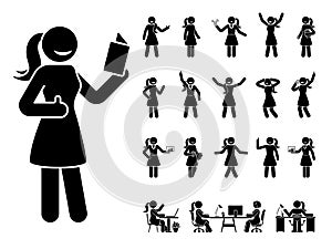 Stick figure woman vector icon set. Reading, talking, happy, sad, surprised, amazed, angry, sitting at office stickman