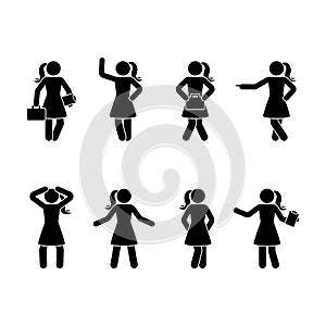 Stick figure women different positions set. Vector illustration of standing girls on white.