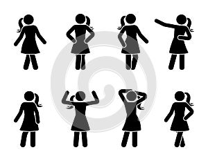 Stick figure women posing icon set. Standing young lady front view posture pictogram.