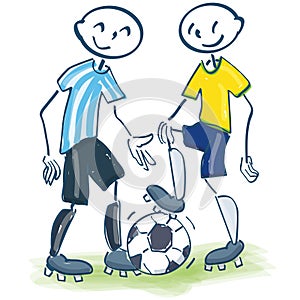 Stick figures as soccer players in yellow and blue