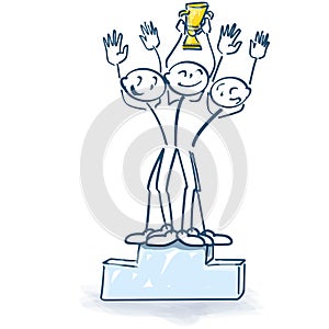 Stick figures as winners with trophy on the podium