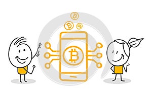 Stick figures. Bitcoin. Hand drawn doodle line art cartoon design character