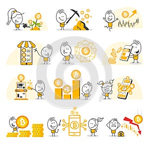 Stick figures. Bitcoin. Hand drawn doodle line art cartoon design character