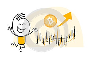 Stick figures. Bitcoin. Hand drawn doodle line art cartoon design character