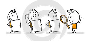 Stick figures. Business, magnifying glass, search. Hand drawn doodle line art cartoon design character. Nr.11