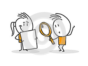 Stick figures. Business, magnifying glass, search. Hand drawn doodle line art cartoon design character. Nr.14