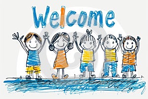 Stick figures holding the word Welcome. Illustrated banner with the text Welcome