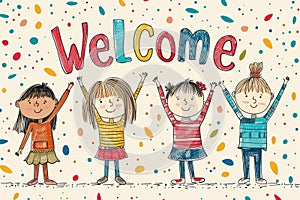 Stick figures holding the word Welcome. Illustrated banner with the text Welcome