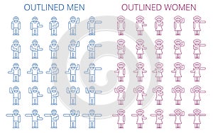 Stick figures icon set. Outlined pictogram of men and women.