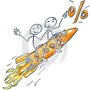 Stick figures on a rocket and flying to the percentages