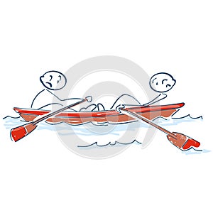 Stick figures rowing against each other in a boat