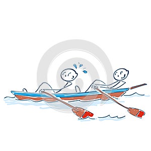 Stick figures sitting together in the rowing boat are rowing