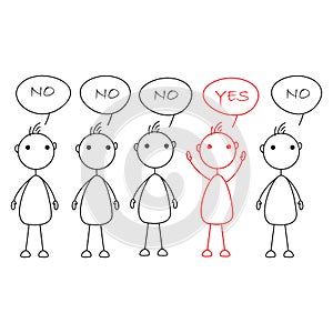 Stick figures standing in a row saying No, one being highlighted in red color and hands up saying Yes.