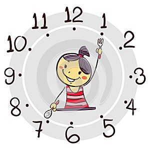 Stick Girl using his arm as clock hand pointing 7 o`clock for breakfast