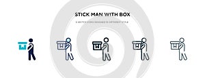 Stick man with box icon in different style vector illustration. two colored and black stick man with box vector icons designed in