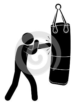 Stick man, boxer beats big punching sand bag for sports training. Training in boxing gym. Black and white vector