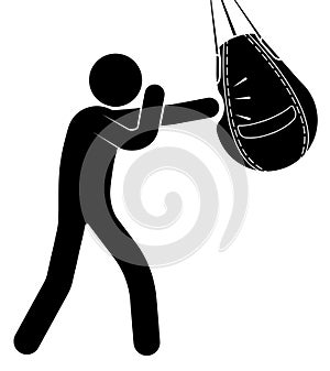 Stick man, boxer beats punching bag for sports training. Training in boxing gym. Black and white vector