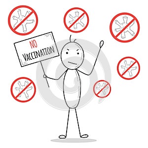 Stick man with a poster with anti no vaccination around of grey viruces of covid-19. Vaccine hesitance anti-vax concept.