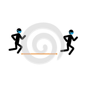 Stick man running in a medical mask. Social distance in sporting activities.