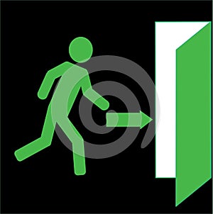 Stick man runs to the exit, icons warn of an emergency exit