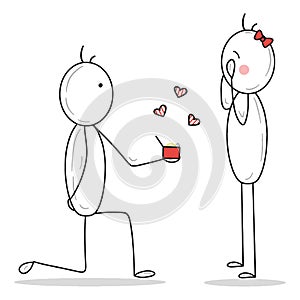 Stick man is standing on the knee and making proposal to lovely stick woman with red bow. Engagement ring in red velvet box.
